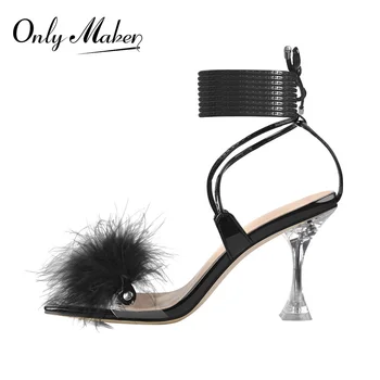 Женские босоножки Onlymaker с квадратным носком на шнуровке, Искусственный мех, Прозрачный Металл, Высокие каблуки, Лакированная кожа, перекрещивающийся ремешок