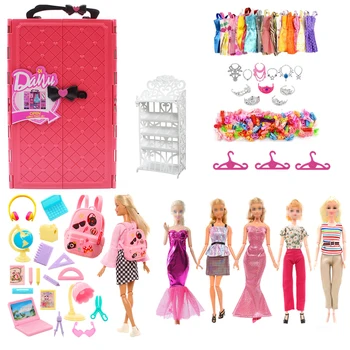 64 предмета Модный Гардероб для Барби, гардероб для кукольного домика, мебель с аксессуарами, Игра для переодевания, Подарок на День рождения, детские игрушки