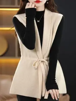 Женский жилет с галстуком из мериносовой шерсти с V-образным вырезом, Короткое вязаное пальто-кардиган, Темпераментный Свитер, Весенне-осенняя модная куртка, 100%