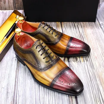 Мужские модельные туфли ручной работы из 100% телячьей кожи, Оксфорды с открытым носком, смешанные цвета, Роскошные туфли с перфорацией типа 