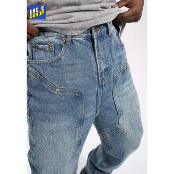 Потертые джинсы UncleDonJM High Street, Мужские Прямые джинсы Slim Fit, Повседневные винтажные джинсы В английском стиле, Джинсы f