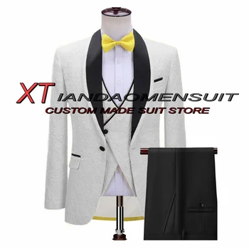 Белый жаккардовый жакет, мужской костюм, Свадебный смокинг, официальный блейзер из трех частей, Брюки, жилет, вечернее платье, костюм homme