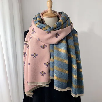 Новый роскошный брендовый двусторонний шарф, женская зимняя теплая кашемировая шаль, шарф с животным принтом пчелы, мягкое тонкое одеяло, подарок