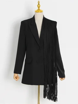Traf 2023, Женская модная одежда, Черный зубчатый воротник, Длинный рукав, лоскутный подол с кисточками, однотонные повседневные блейзеры
