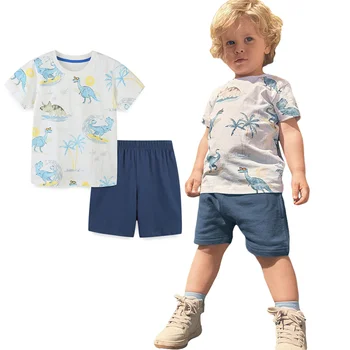 Летние Детские комплекты одежды с принтом для мальчиков, Костюмы из 2 предметов, Топы + шорты, Хлопковая детская одежда с животными для маленьких мальчиков и девочек