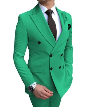 2022 Зеленый Мужской костюм, 2 предмета, двубортный Вырез с лацканами, Плоские Приталенные Повседневные Смокинги для Свадьбы (блейзер + брюки)