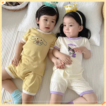 Kawaii Sanrio Аниме Cinnamoroll Kuromi My Melody Детская пижама Летние Детские Хлопчатобумажные Шорты с коротким рукавом Комплект Пижам в Подарок