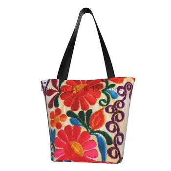 Мексиканская вышивка, сумки для покупок, Текстильная Цветочная Народная Холщовая сумка для покупок, сумки большой емкости