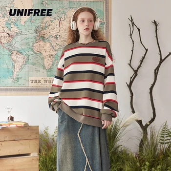 UNIFREE Винтажные опрятные толстовки Женская спортивная уличная одежда в полоску, пуловеры, топы, Свободные удобные толстовки