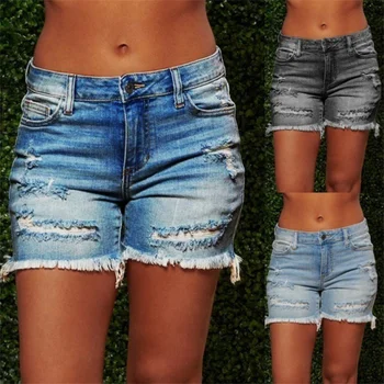 Летние женские джинсовые шорты с потертостями и кисточками, женские джинсы повседневного покроя в стиле ретро с разрезом, Шорты с высоким эластичным подолом, рваные джинсовые шорты