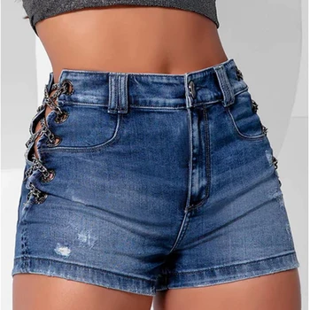 Джинсы-карандаш Wepbel, Женские летние обтягивающие джинсовые шорты с открытой металлической цепочкой, Короткие джинсы, Рваные летние джинсовые брюки на шнуровке