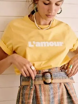 Женская хлопковая футболка с буквенным принтом, французская женская повседневная простая футболка с круглым вырезом 2022, новые летние женские футболки с коротким рукавом