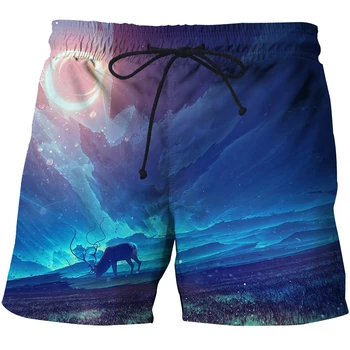 Новые Мужские Пляжные брюки с 3D принтом Разноцветного Оленя, модные Harajuku, Повседневные спортивные штаны для плавания, короткий рукав