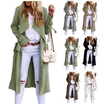 2023 Модное Женское Длинное пальто, однотонные куртки с длинными рукавами и поясом на завязках для женщин