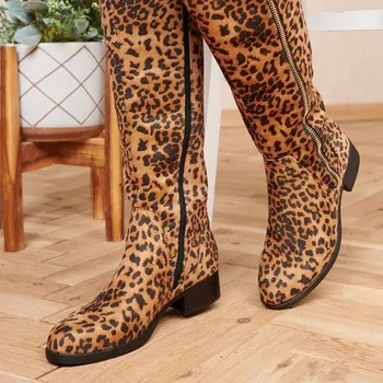 Осенне-зимние Женские ботинки в Новом Стиле с леопардовым принтом, Женские ботинки из искусственной кожи, Модные ботинки на высоком квадратном каблуке с круглым носком, 2021
