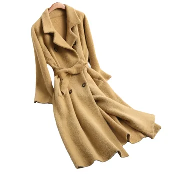Двубортная зимняя темпераментная теплая модная ветровка женская средней длины с поясом для пригородных поездок, британское однотонное свободное пальто