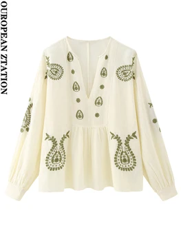 PAILETE Женская модная хлопчатобумажная блузка с вышивкой 2023, винтажные женские рубашки с v-образным вырезом и длинными рукавами, blusas, шикарные топы