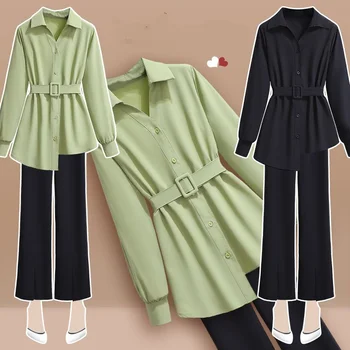 Женская одежда, весенне-осенние наряды 2023, Новое корейское издание, рубашка Design Sense, узкие брюки с завернутой талией, Комплект из двух предметов