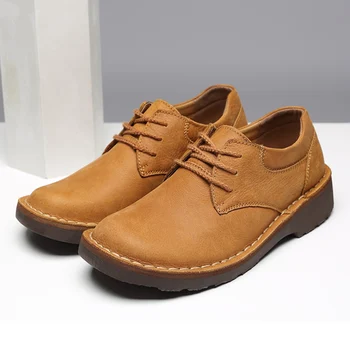 Деловые кожаные Оксфорды в стиле Ретро с большим круглым носком, Мужская рабочая обувь на шнуровке, Повседневная Демисезонная