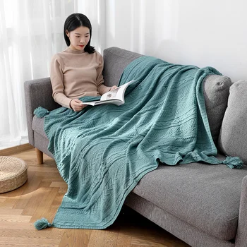 Вязаное покрывало с простой геометрией для дивана, гостиной, Нитяного одеяла, Легкого Уютного Дышащего офисного покрывала для сна
