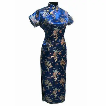 Темно-синее Традиционное Китайское платье Cheongsam Mujer Vestido Женское Атласное Длинное Платье Ципао Размера S, M, L, XL, XXL, XXXL 4XL 5XL 6XL J3093