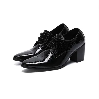 Мужские Модельные туфли из натуральной кожи на высоком Каблуке 8 см, Черные Оксфорды на Шнуровке Для Мужчин, Толстый каблук, Змеиный Узор, Мужская Классическая Обувь