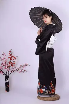 Японское традиционное женское Кимоно черного цвета, фиксирующий рукав, Устойчивая к морщинам ткань, Винтажная Дорожная