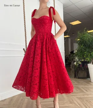 Красное кружевное платье на бретельках-спагетти длиной до колена длиной до чая, вечерние платья трапециевидной формы, богемное платье