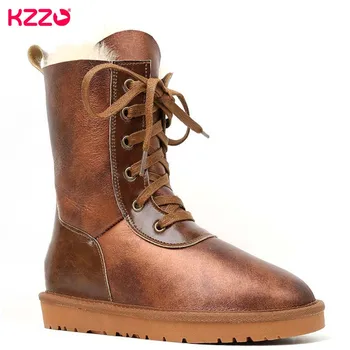 KZZO/ Новые женские зимние ботинки из овечьей кожи на шнуровке, водонепроницаемые Зимние нескользящие Теплые повседневные ботинки с меховой подкладкой из натуральной шерсти, Черный