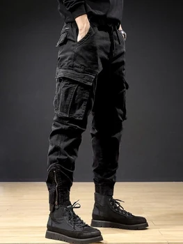 Брюки-карго Мужские Уличная одежда длиной до щиколоток Повседневные брюки Мужские В стиле милитари Облегающие брюки из чистого хлопка Черные брюки Мужские в японском стиле