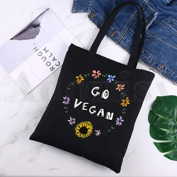 Веганский графический подарок для друзей-веганов, Кавайные черные холщовые сумки для покупок с принтом, Модная повседневная сумка для девочек