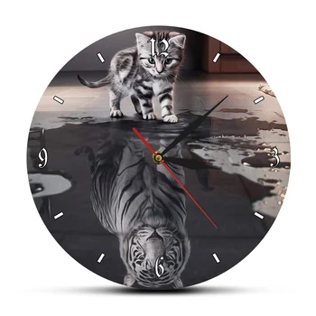 Настенные часы с принтом Кошки и Тигра, Настенные часы с принтом Полосатого Котенка, Отражение Белого Тигра, Креативное украшение wanduhr