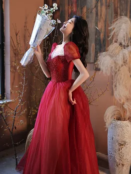 Вечерние платья трапециевидной формы в пол с короткими рукавами для невесты, бордовое Женское платье из тюля, расшитое бисером, Вечерняя одежда для тостов