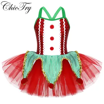 Детские Рождественские костюмы для девочек, красное балетное платье-пачка с блестками, без рукавов, плюшевые шарики, декор, сетчатое платье для выступлений с рюшами