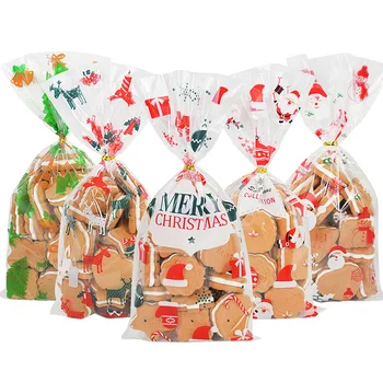 50шт Санта-Клаус Рождественская Елка Лось ПВХ Сумки Прозрачный Подарочный пакет для Рождественских подарков, выпечки Конфет, упаковочных пакетов для печенья