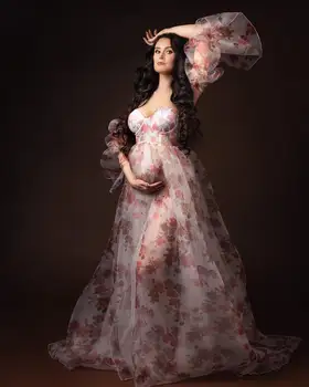 Халаты для беременных с принтом в виде розы для фотосессии, платья для фотосессий, Сексуальная ночная рубашка для Душа ребенка, платья из органзы и тюля