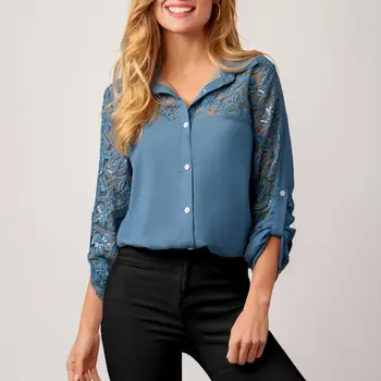 Женская Рубашка С Кружевной Цветочной Вышивкой, Длинный Рукав, Свободный Лацкан Средней Длины, Однотонная Лоскутная Женская Блузка blusa mujer moda 2023