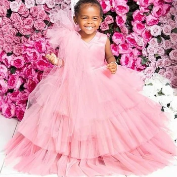 Розовые простые Многоуровневые платья с цветочным узором для девочек, Тюлевое платье с V-образным вырезом на день рождения, Праздничное Детское платье