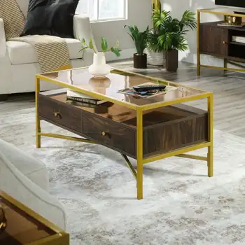 Креативная гостиная, современная бытовая Антикварная Стеклянная столешница, золотой металлический прямоугольный журнальный столик с местом для хранения, богатый орех