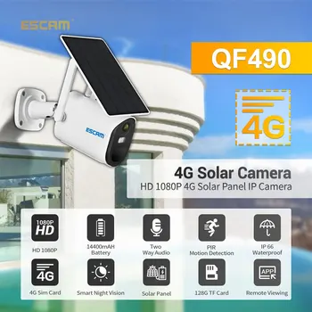 ESCAM QF490 1080P Облачное хранилище 4G Sim-карта Аккумулятор PIR Сигнализация IP-камера С Солнечной Панелью Полноцветное Ночное Видение Двухстороннее Аудио