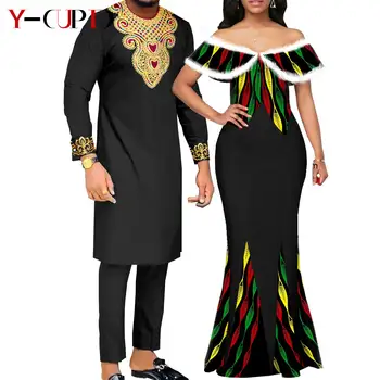 Платья с принтом в африканском стиле для женщин, Одинаковые комплекты для пары, Комплекты мужской одежды, Топ и брюки для Свадебной вечеринки, Дашики Абая Y22C081