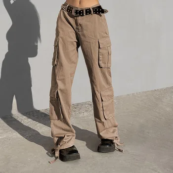 Модные прямые Женские широкие джинсы с высокой талией, Свободные однотонные винтажные джинсовые брюки с карманами, повседневные брюки-карго, Pantalon 28725