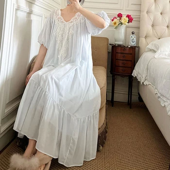 Негабаритных кружева Принцесса ночная рубашка лето с коротким рукавом из чистого хлопка для дома дворец ретро винтажные женские свободные платье пижамы большой