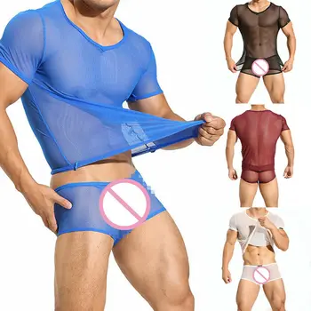 Прозрачная сетчатая рубашка, майки, Сексуальный мужской комплект одежды, Мужские тонкие топы для фитнеса, Мужская футболка, Шорты-боксеры, Комплект нижнего белья, пижамы